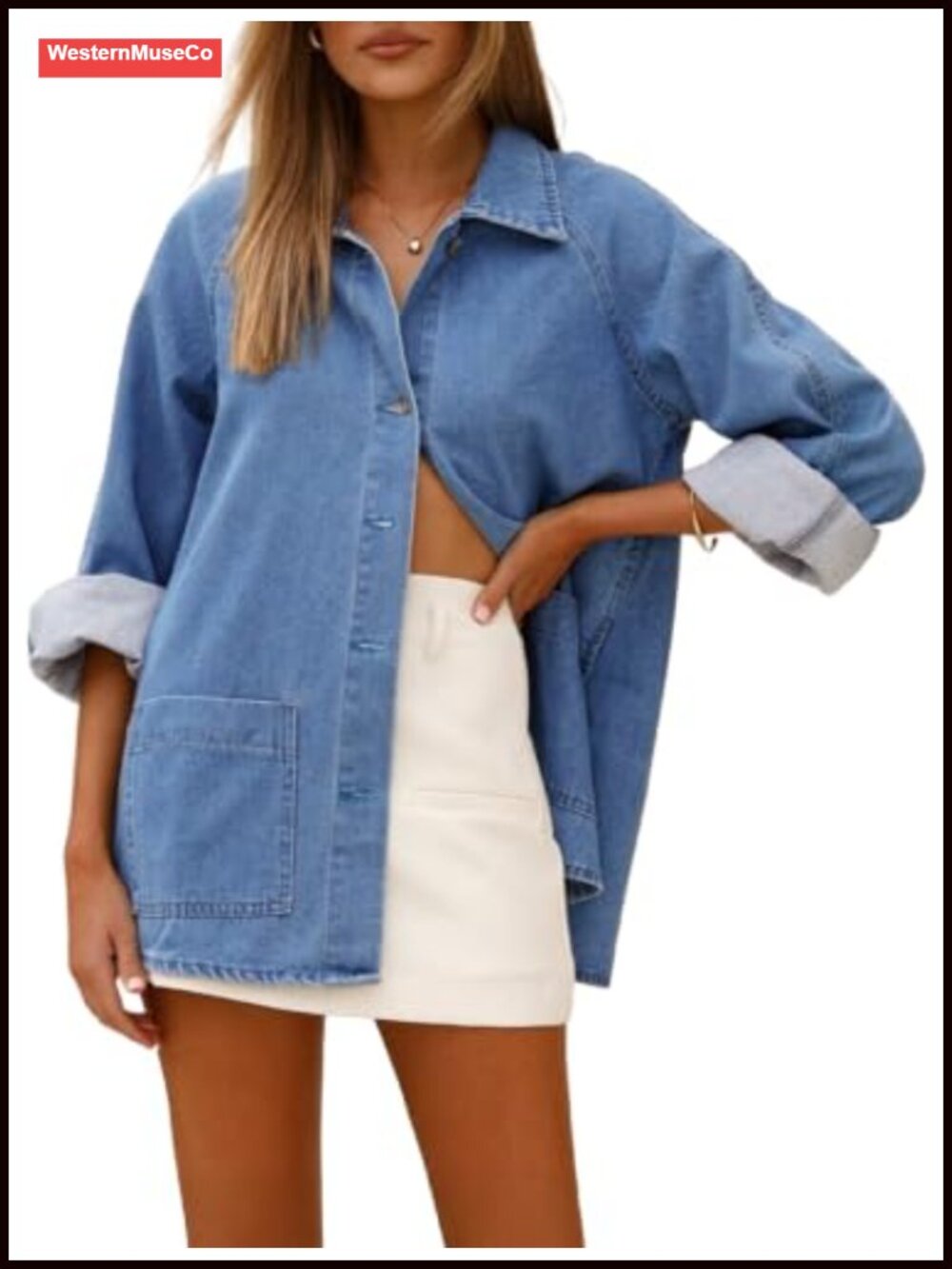 Denim Shirt Long Sleeve Button Down Jean Shacket Top